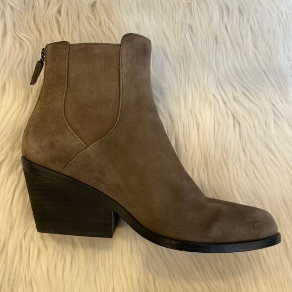 Eileen Fisher Peer Boot Shadow Taupe Suede Almond Toe Block Heel Ankle Bootie - Picture 11 of 14